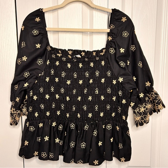 Edgely Plus Size Black Embroidered Floral Smocked Peplum Top Size 1X Square Neck - Picture 2 of 8